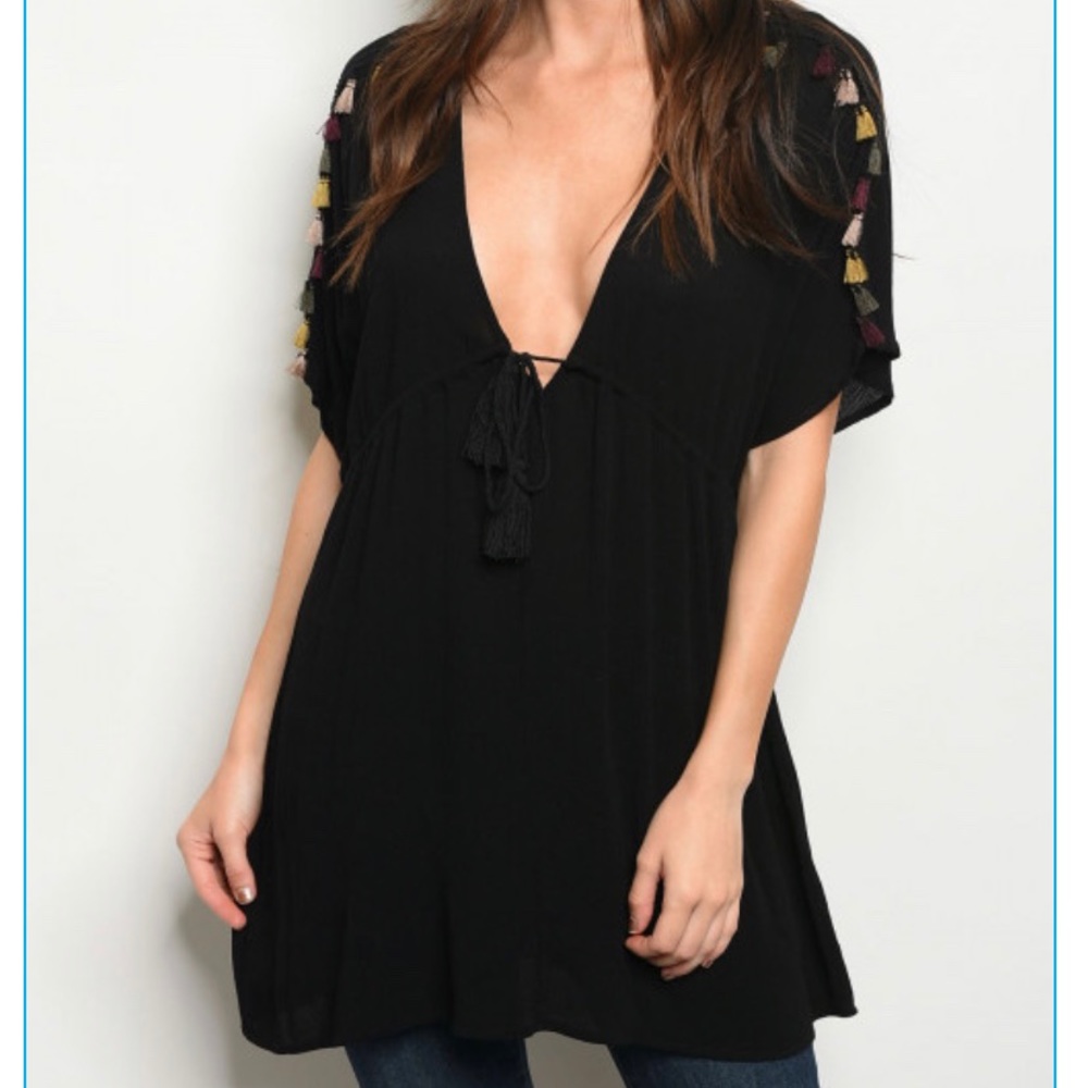 ✨BLACK TASSEL TUNIC W/ADJUSTABLE TIE MULTICOLOR